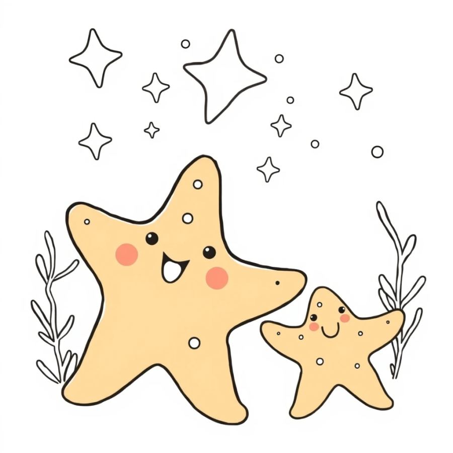 Starfish Family Staring Up At The Real Stars Above The Water Coloring Page