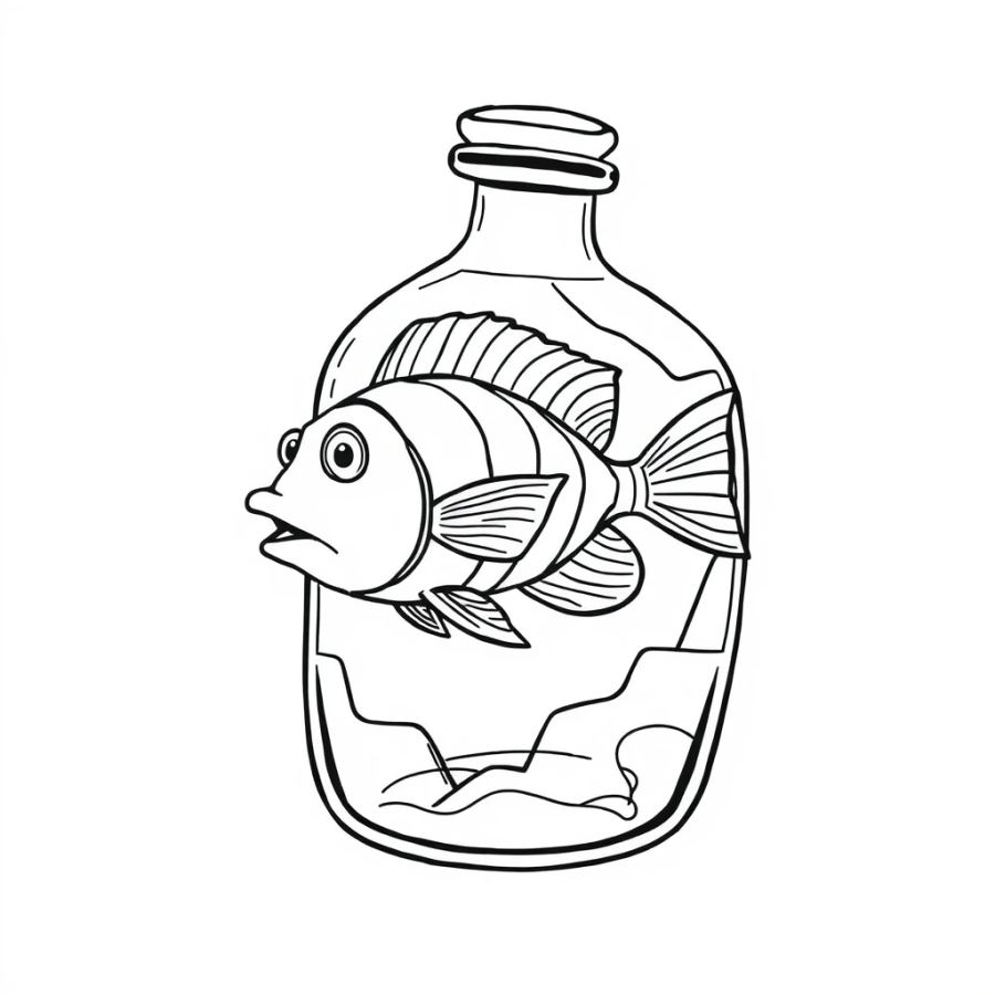 Tropical Fish Swimming Inside A Broken Glass Rum Bottle Coloring Page
