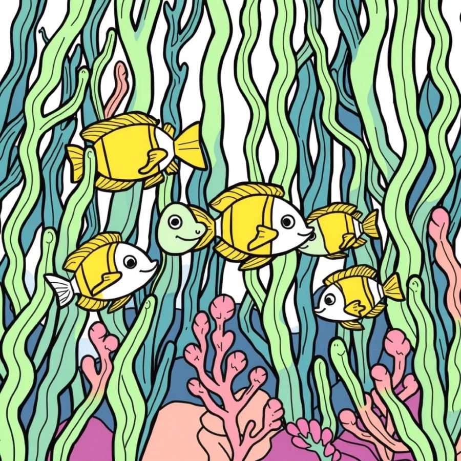 Tropical Fish Family Swimming Through A Dense Neon Kelp Forest Coloring Page
