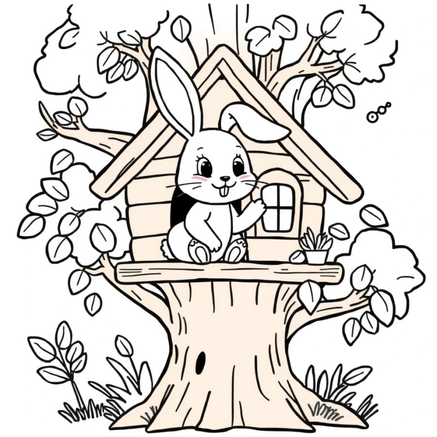 Bunny Living In A Treehouse Coloring Page
