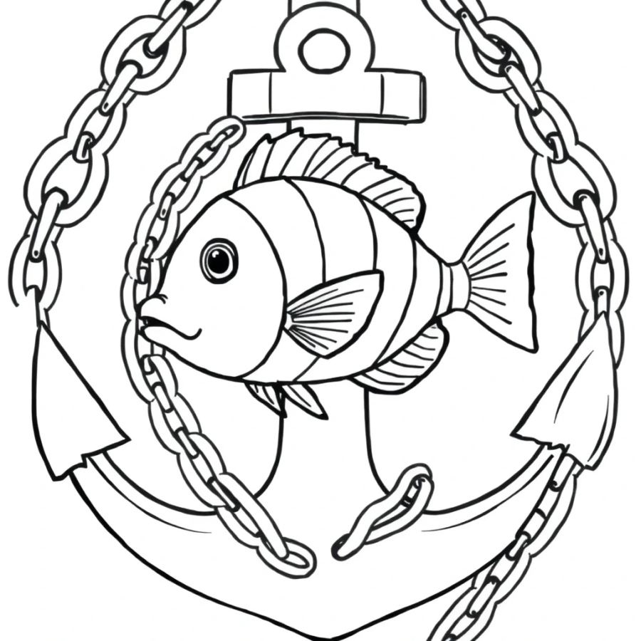 Tropical Fish Weaving Through The Links Of A Heavy Iron Anchor Chain Coloring Page
