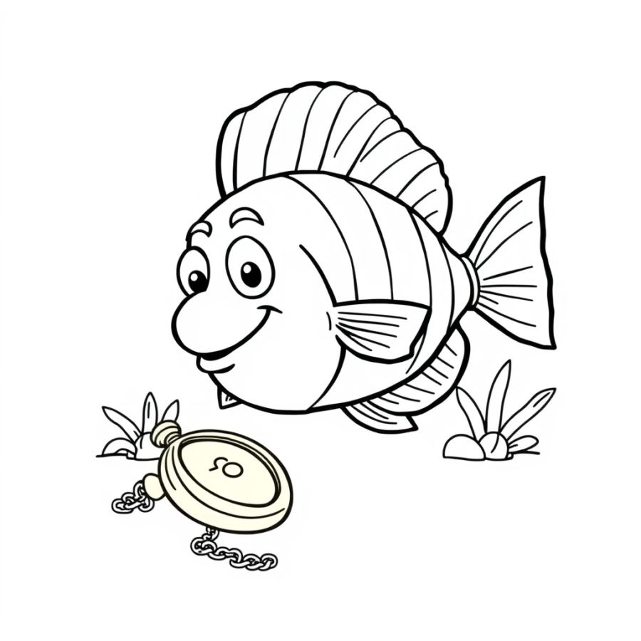 Tropical Fish Guarding A Pirate's Dropped Gold Pocket Watch Coloring Page