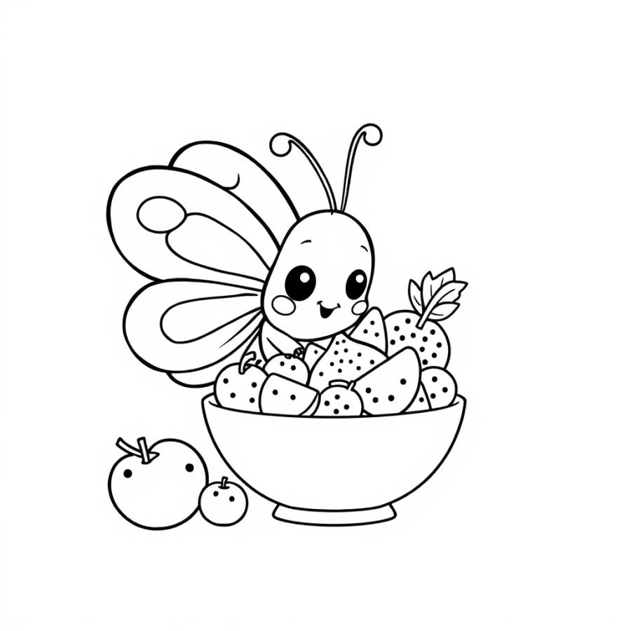 Butterfly Inspecting A Bowl Of Fruit Coloring Page