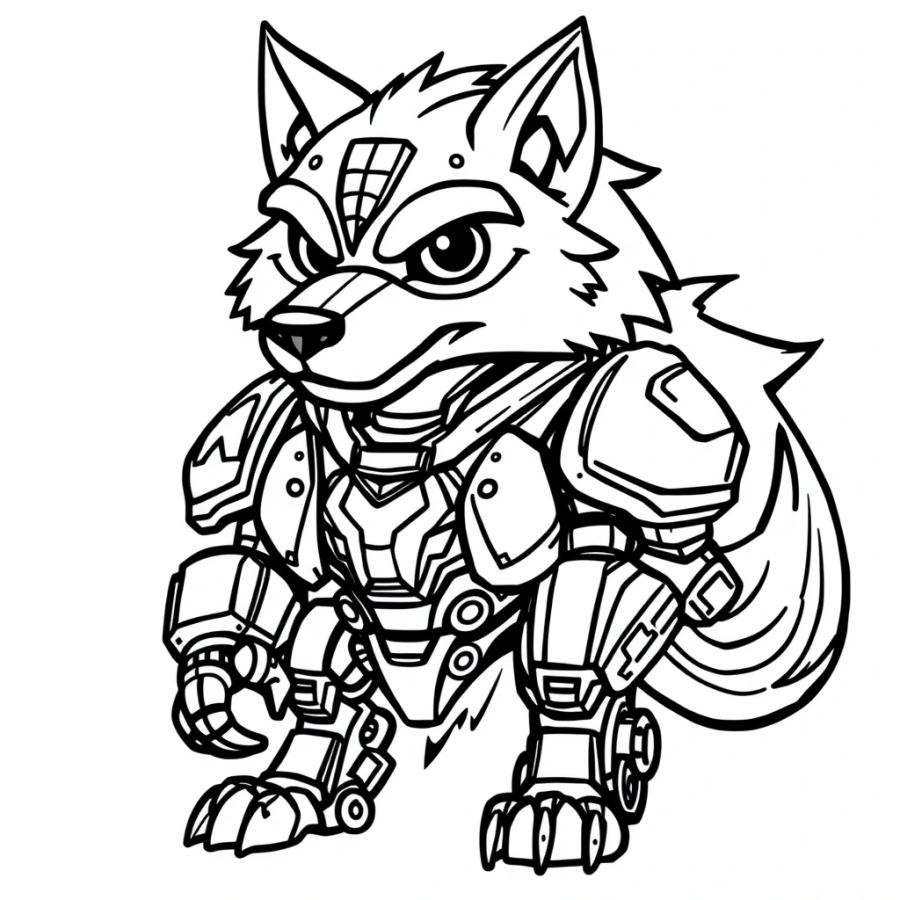 Cyborg Wolf With Mechanical Armor Plates Coloring Page
