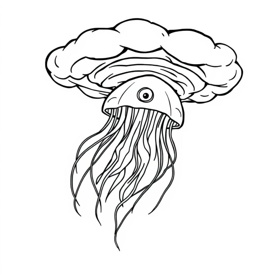 Jellyfish Floating Inside A Swirling Tornado Cloud Coloring Page