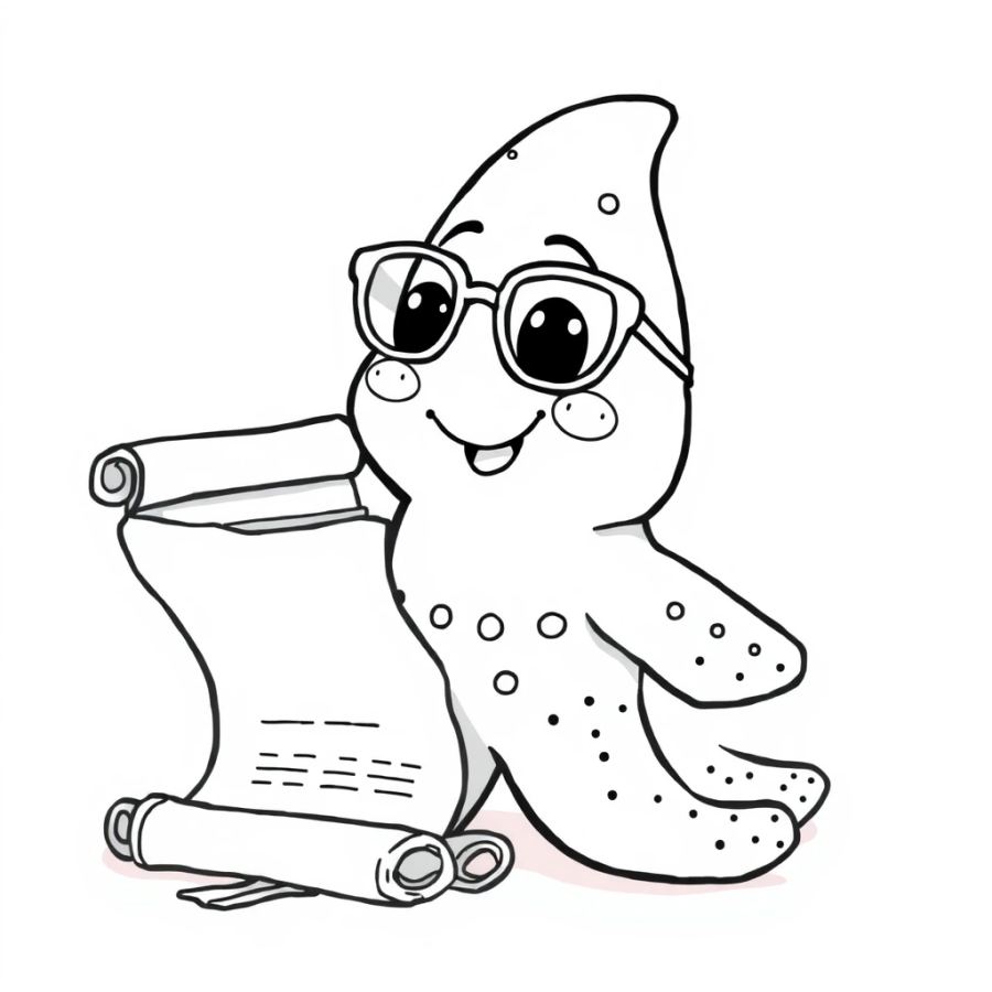 Starfish Wearing Reading Glasses Next To An Ancient Scroll Coloring Page
