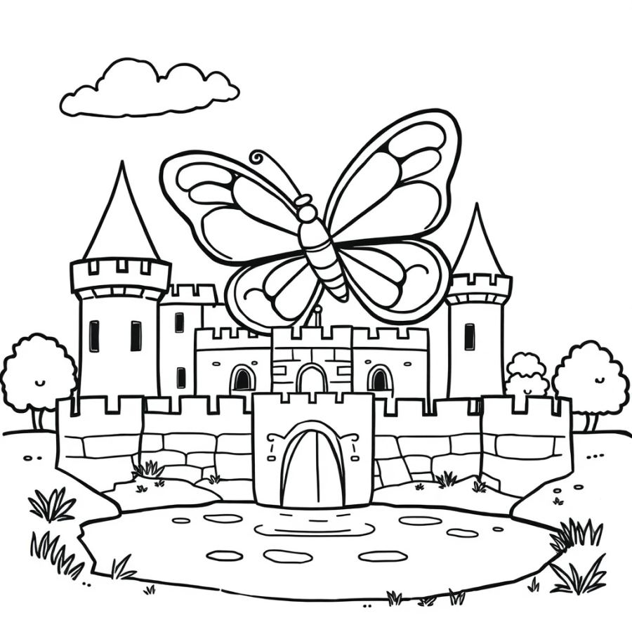 Butterfly Flying Over A Castle Moat Coloring Page