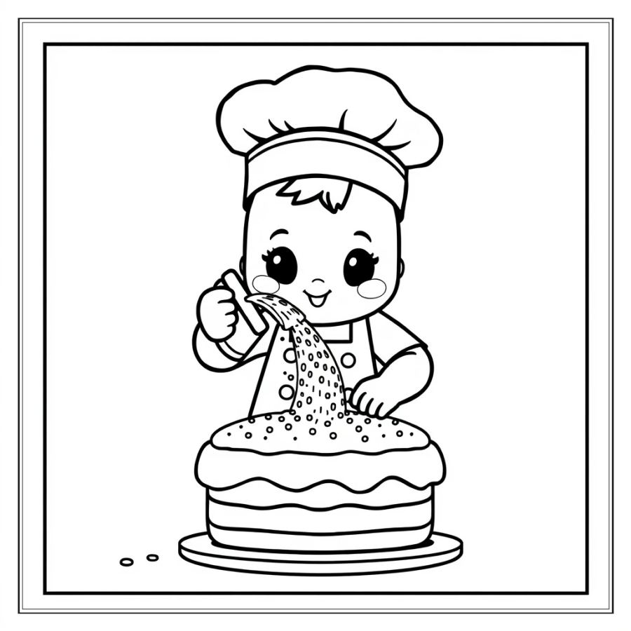 Baker Dusting Sugar On Cake Coloring Page