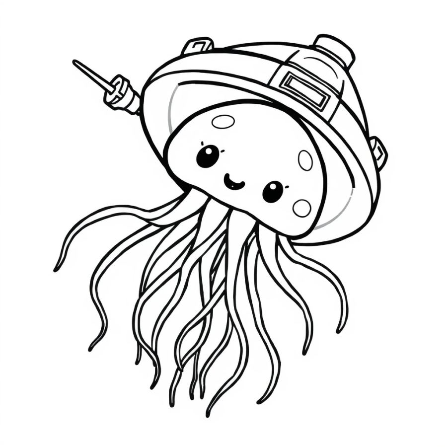 Jellyfish Floating Upside Down On A Space Satellite Coloring Page