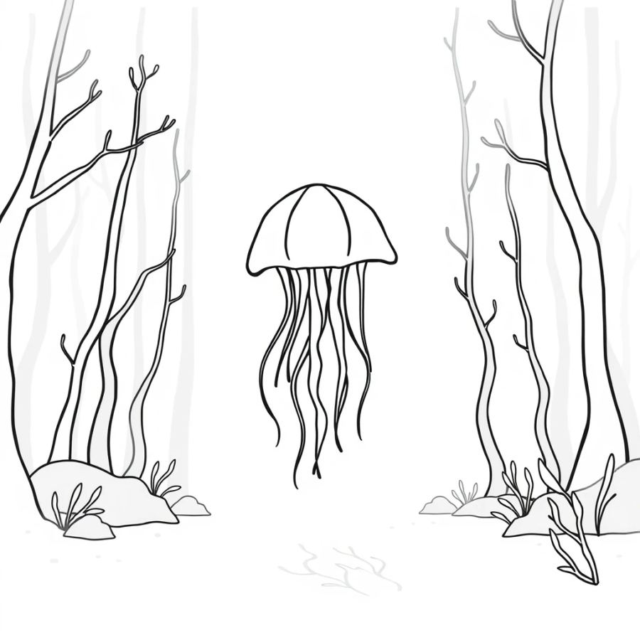 Jellyfish Casting Long Shadows In A Misty Underwater Forest Coloring Page