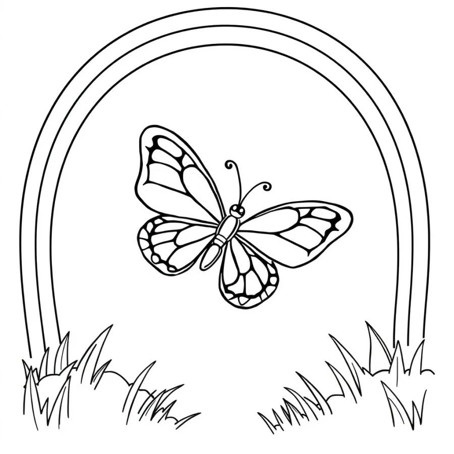 Butterfly Flying Through A Double Rainbow Coloring Page
