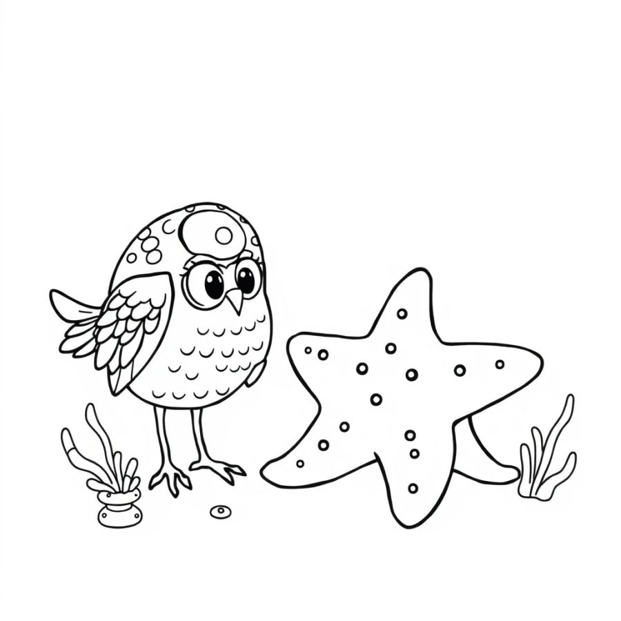 Starfish Listening To A Wise Owl-Fish Tell A Story Coloring Page