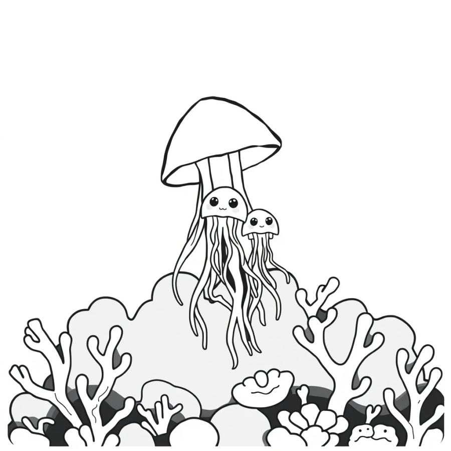 Jellyfish Family Drifting Over A Bed Of Black Coral Coloring Page