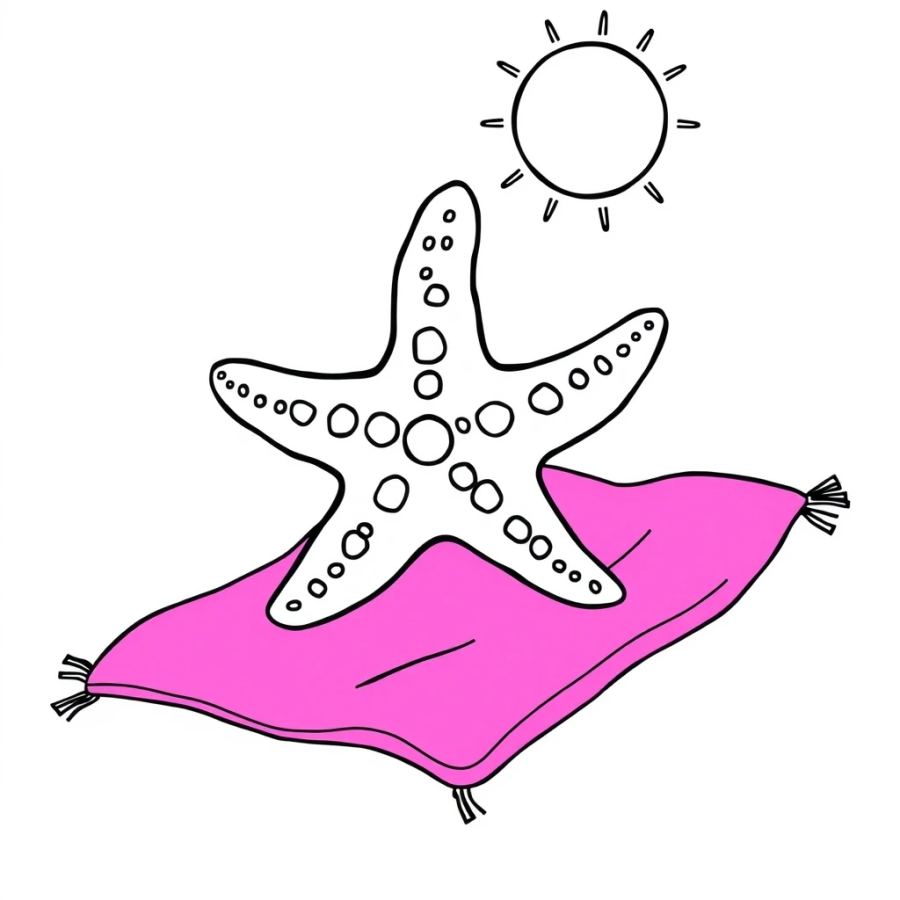 Starfish Sunbathing On A Neon Pink Beach Towel Coloring Page