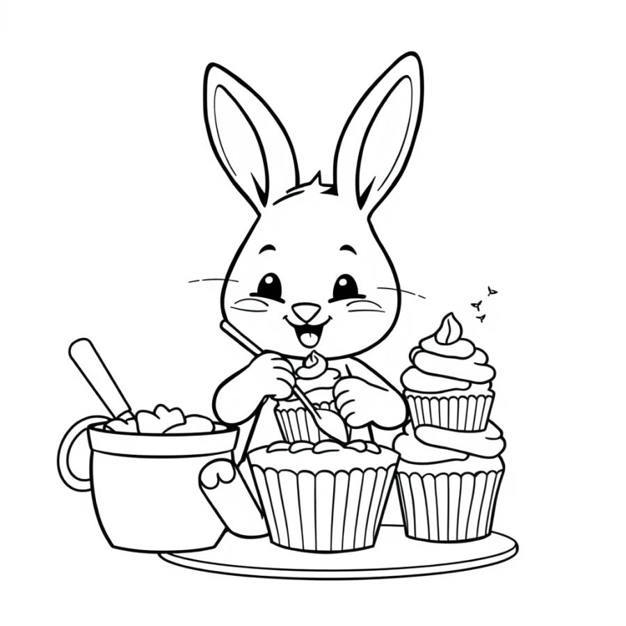 Bunny Baking Cupcakes Coloring Page