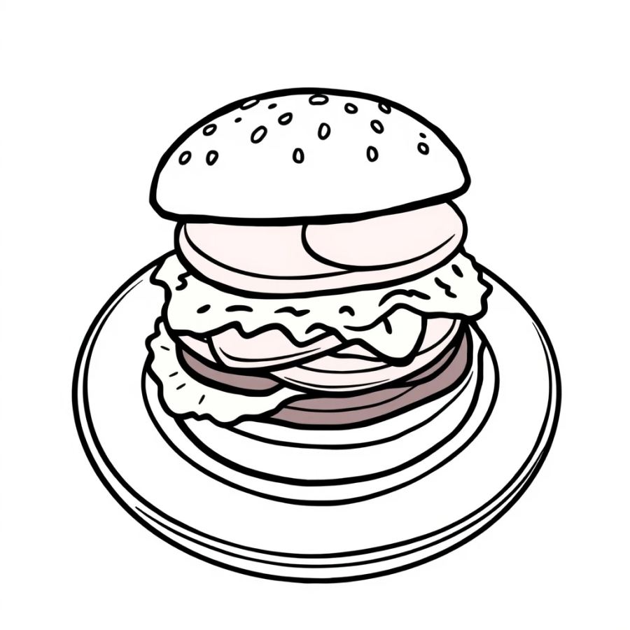 Burger On Restaurant Plate Coloring Page