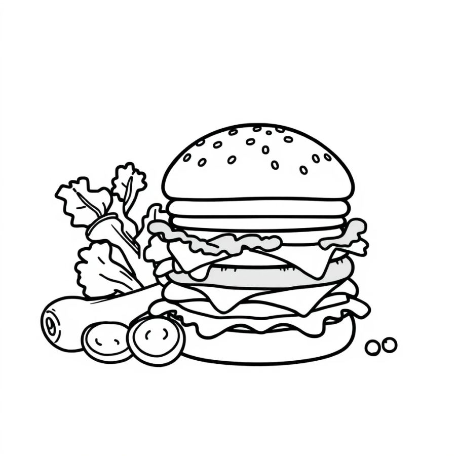 Burger Beside Raw Ingredients Coloring Page