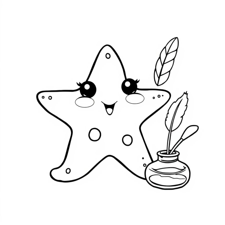 Starfish Sitting Next To A Feather Quill And Inkwell Coloring Page