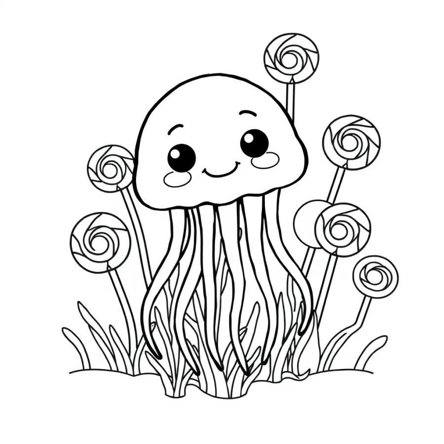 Jellyfish Bumping Into A Floating Lollipops Jungle Coloring Page