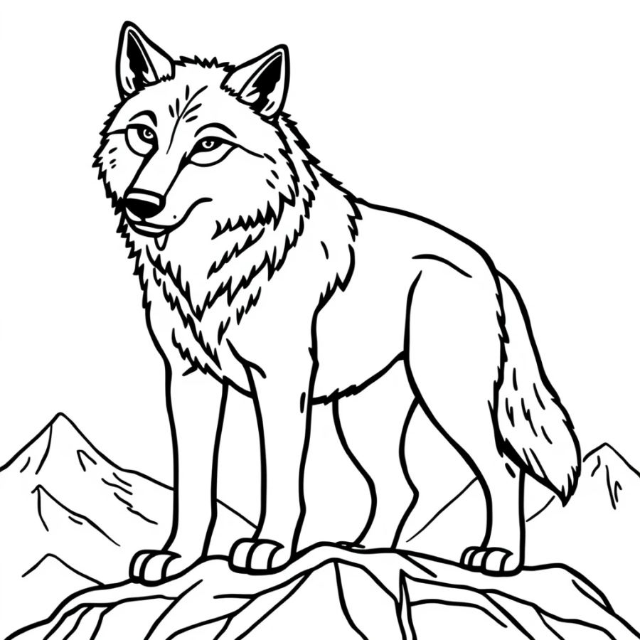 Alpha Wolf Standing On A Snowy Mountain Peak Coloring Page