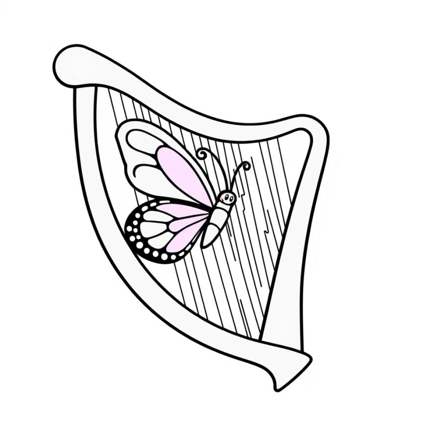 Butterfly Landing On The Strings Of A Harp Coloring Page