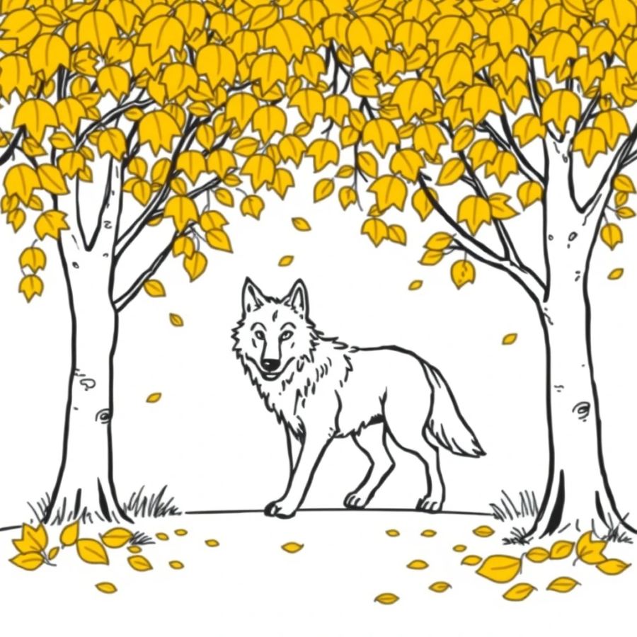 Wolf Walking Under A Canopy Of Falling Golden Leaves Coloring Page
