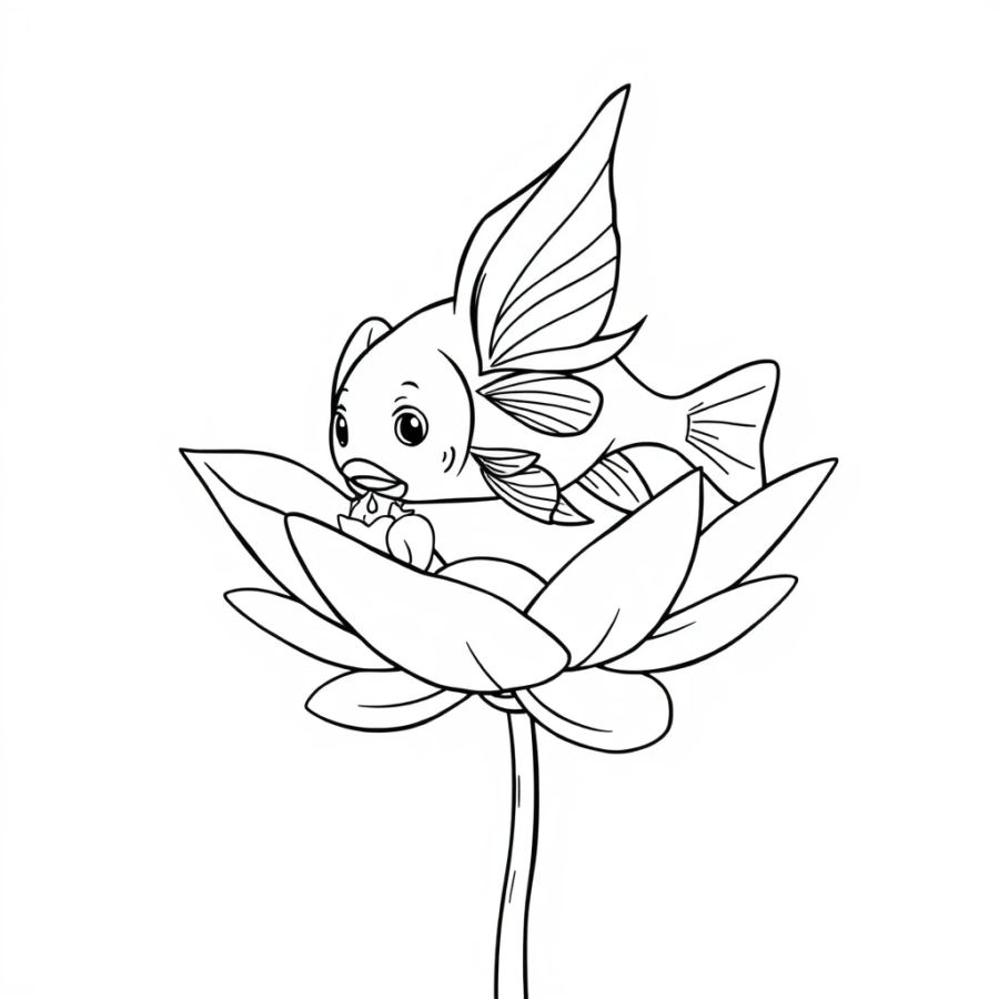 Angelfish Sipping Dew From A Heavenly White Lotus Coloring Page