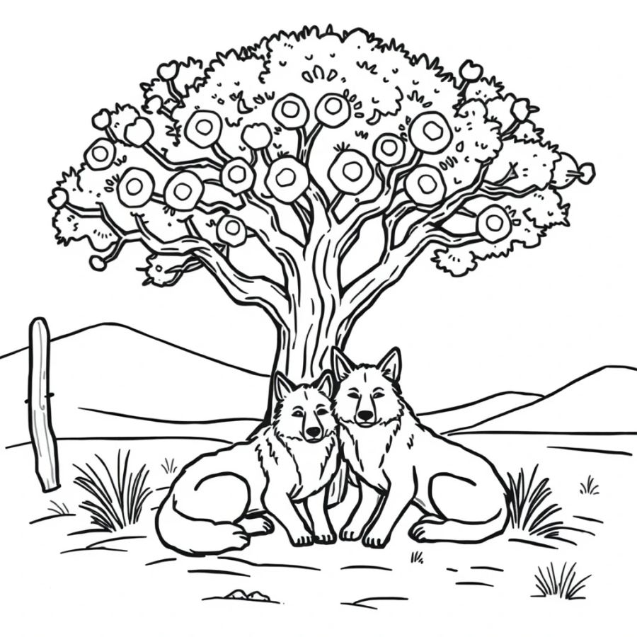 Wolf Family Resting Under A Desert Mesquite Tree Coloring Page