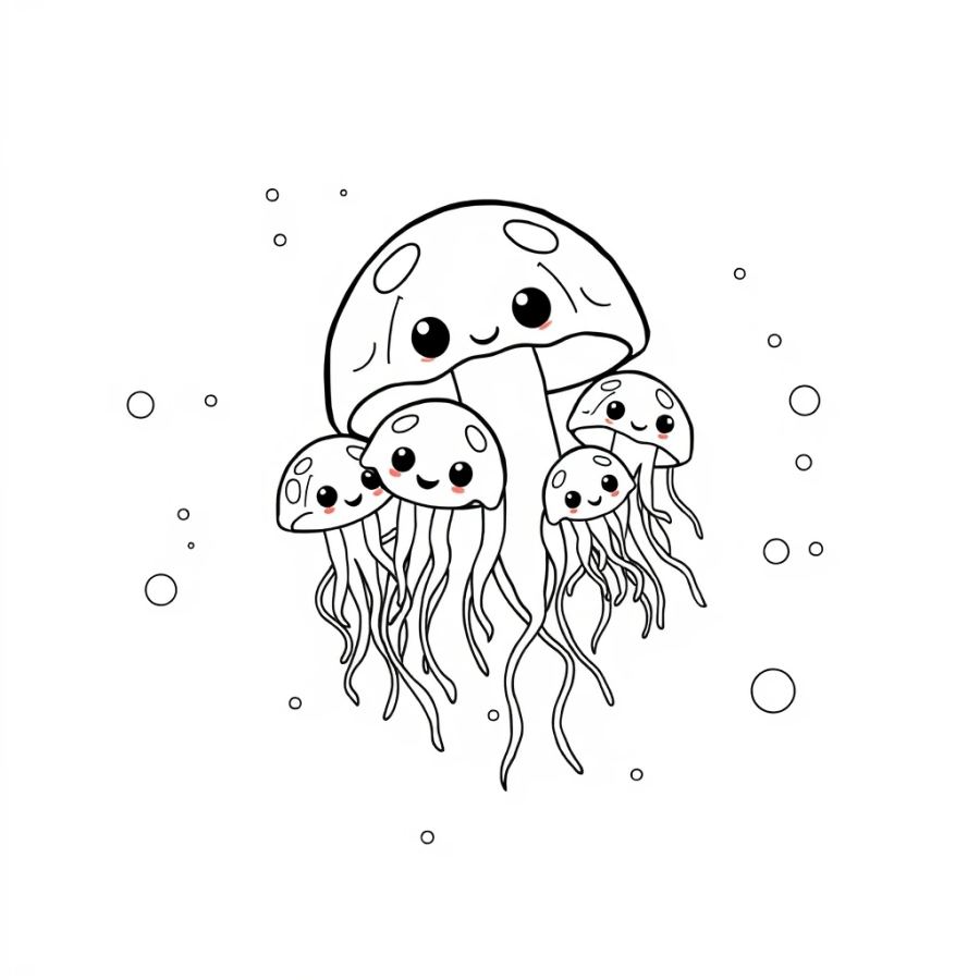 Jellyfish Family Drifting Through A Purple Nebula Coloring Page
