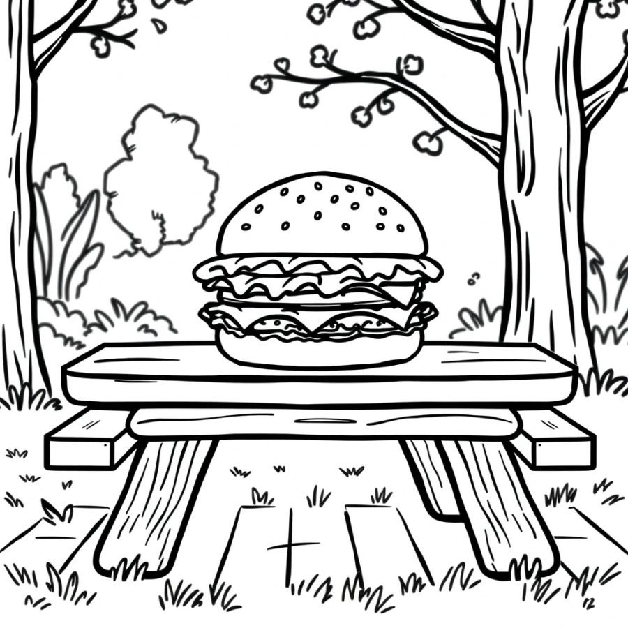 Burger On Picnic Table Coloring Page