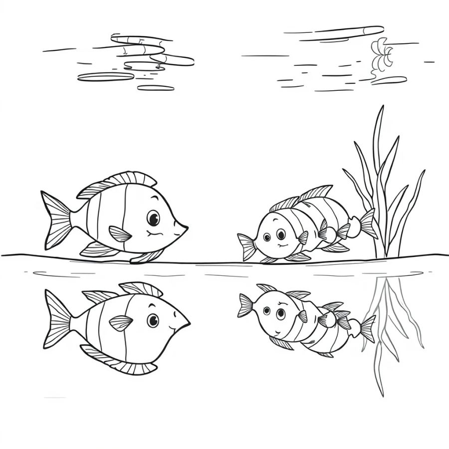 Tropical Fish Family Swimming Parallel To A Perfect Water Reflection Coloring Page