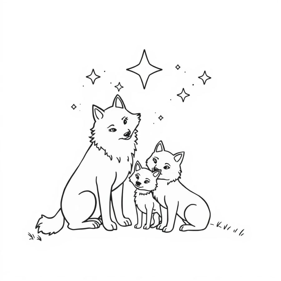 Wolf Family Sharing A Quiet Moment Under The Stars Coloring Page