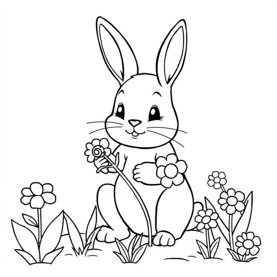Bunny Planting Flowers Coloring Page