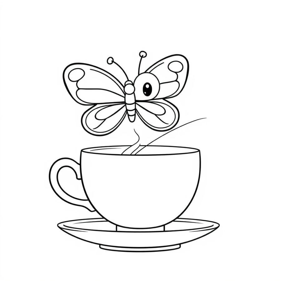 Butterfly Floating Over A Steaming Teacup Coloring Page