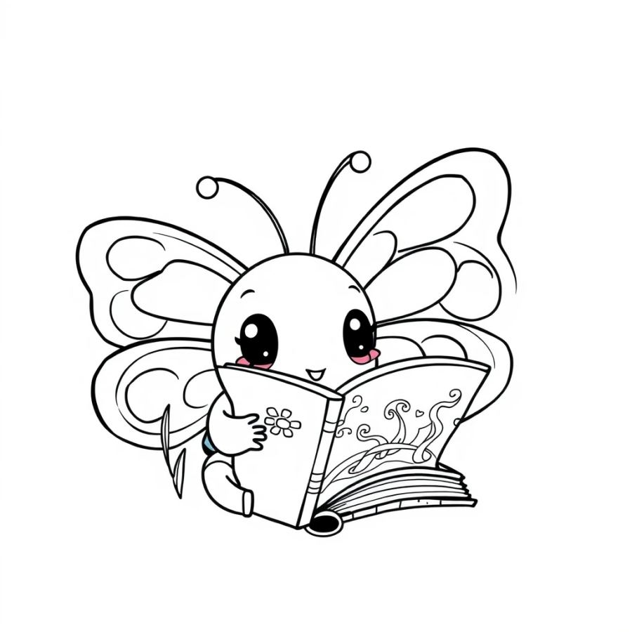 Butterfly Looking At A Colorful Picture Book Coloring Page
