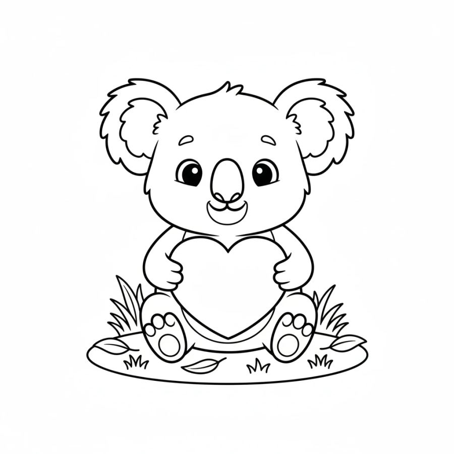 Koala Holding A Heart (Cute Theme) Coloring Page