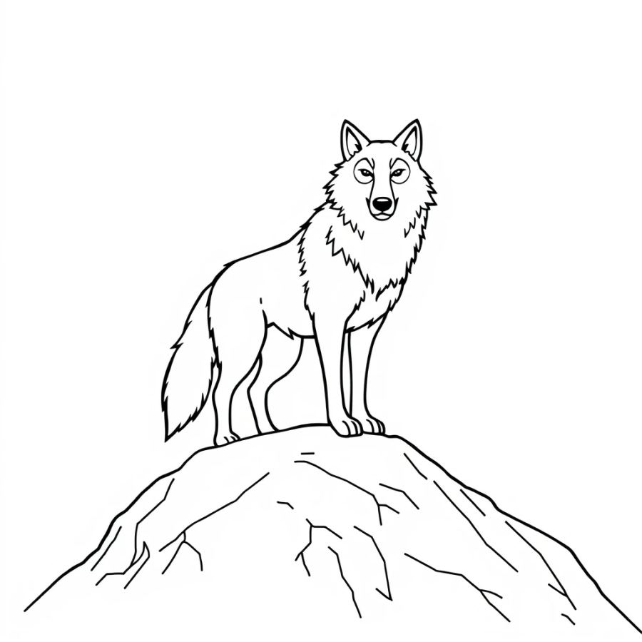 Alpha Wolf Standing On A Snowy Mountain Peak Coloring Page