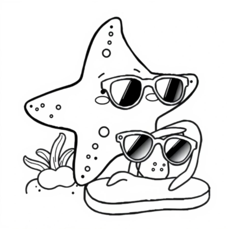 Starfish Wearing Tiny Sunglasses Next To A Flip-Flop Coloring Page