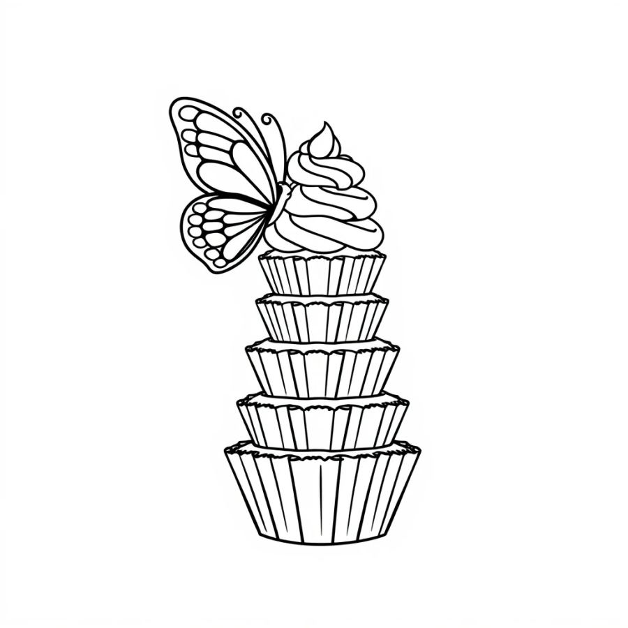 Butterfly Fluttering Around A Cupcake Tower Coloring Page