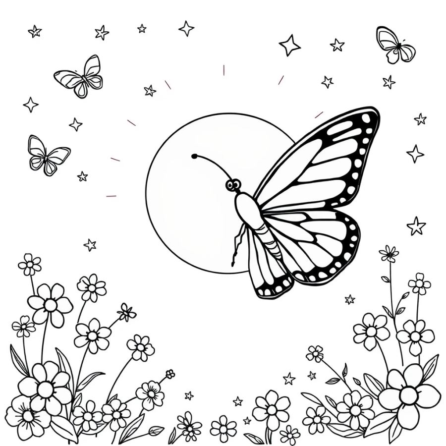 Butterfly Flying Toward A Bright Sunrise Coloring Page