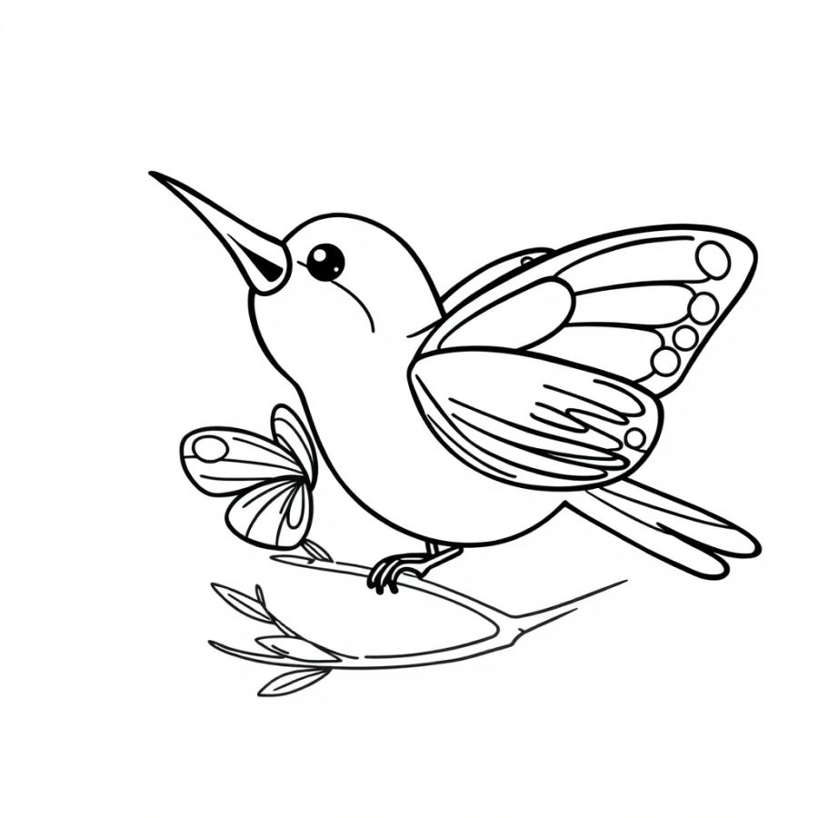 Butterfly Perched On A Singing BirdΓÇÖs Beak Coloring Page
