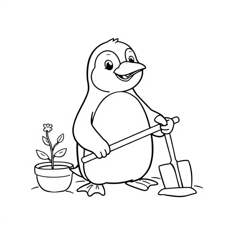 Penguin Gardening With Trowel Coloring Page