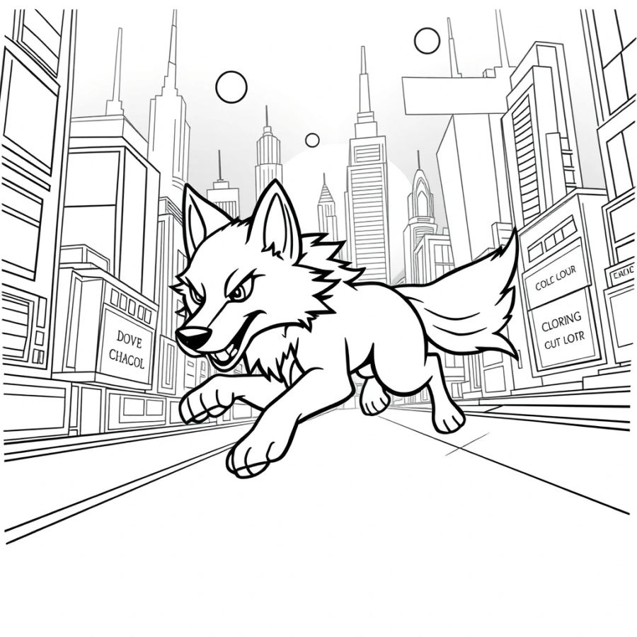 Wolf Running Through A Futuristic Neon City Coloring Page