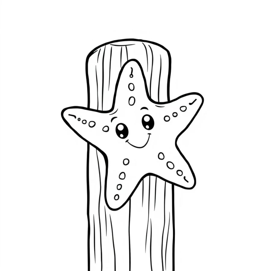 Starfish Stuck To The Side Of A Wooden Boardwalk Piling Coloring Page