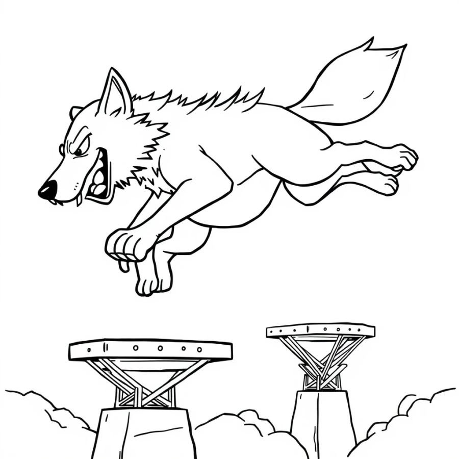Wolf Leaping Across Flying Metal Platforms Coloring Page