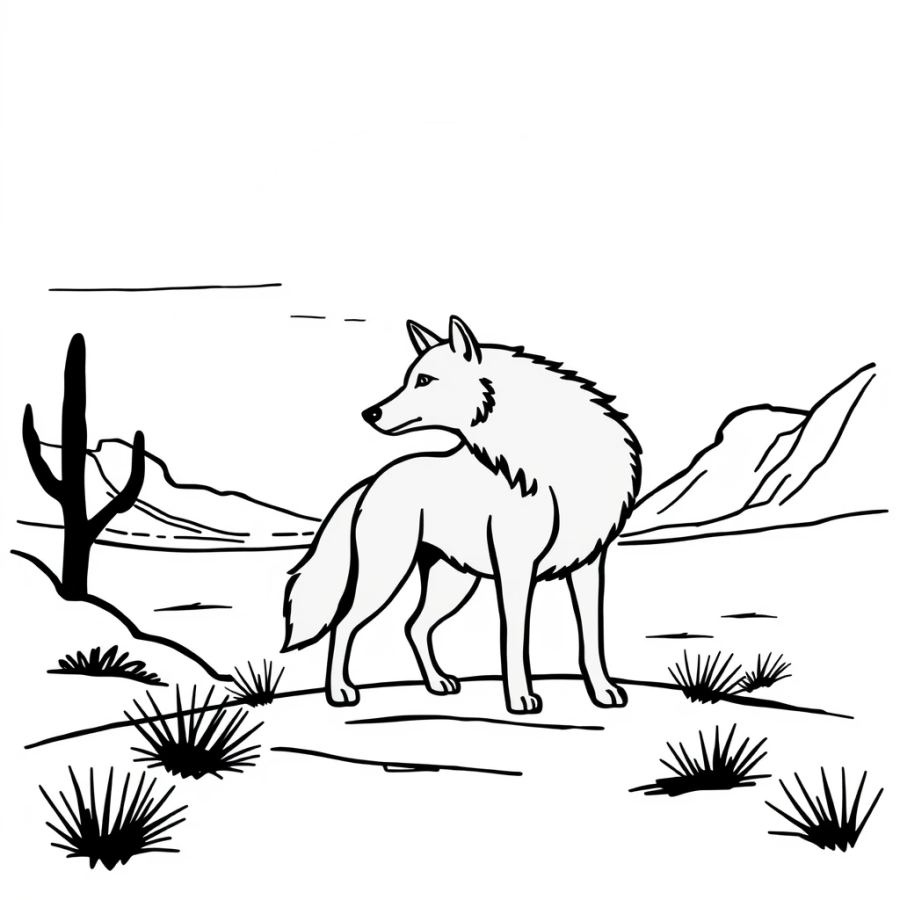 Wolf Standing Silhouetted Against A Giant Desert Sunset Coloring Page