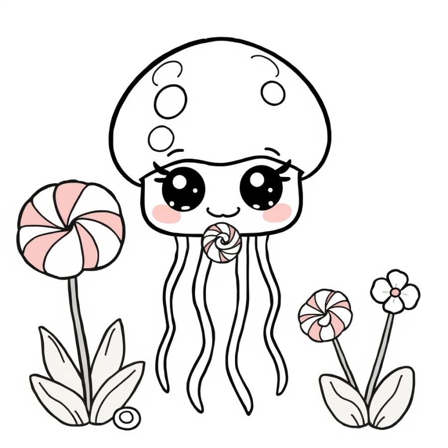 Jellyfish Sipping Nectar From A Peppermint Candy Flower Coloring Page