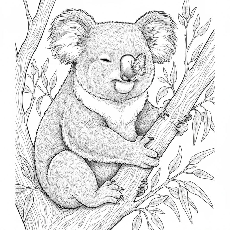 Koala With A Butterfly On Its Nose Coloring Page