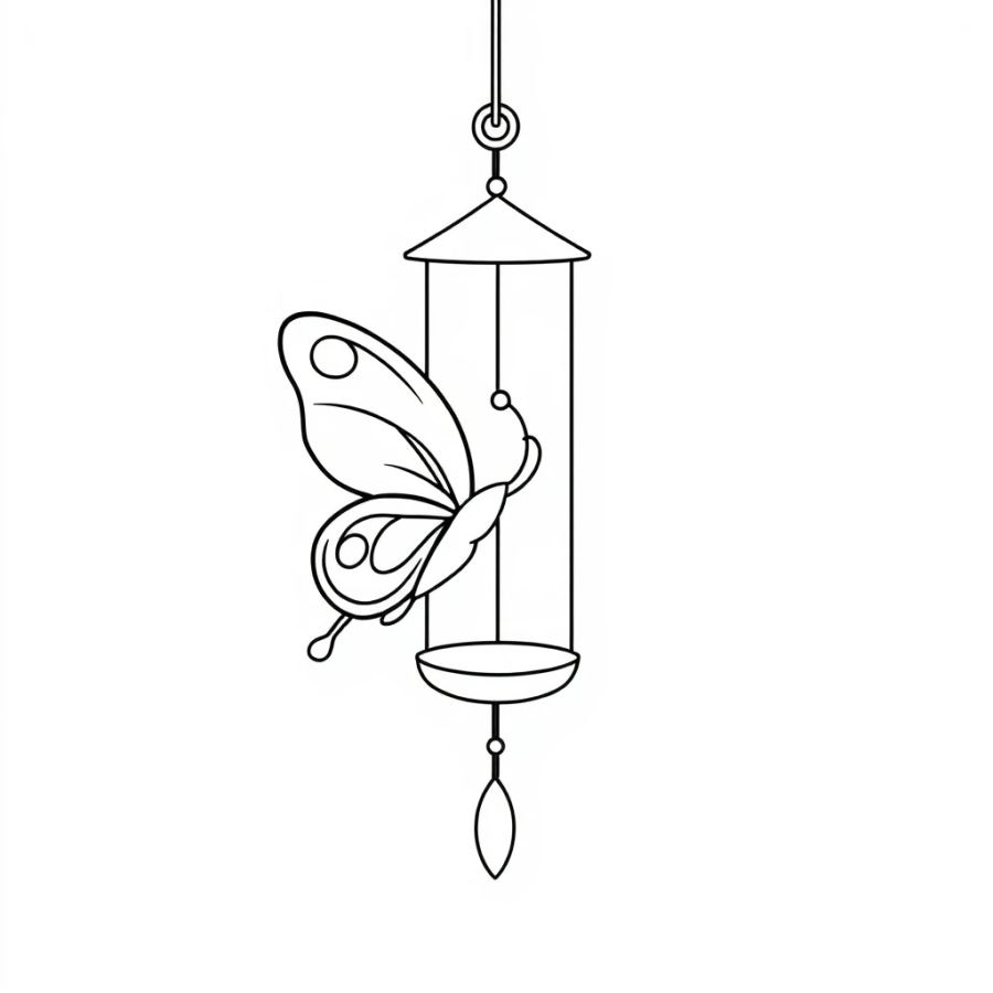 Butterfly Dancing Around A Wind Chime Coloring Page