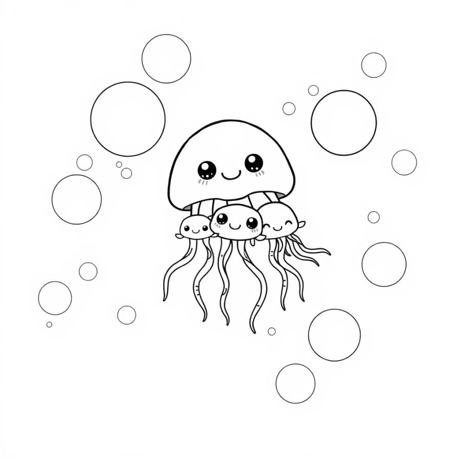 Jellyfish Family Floating Among Floating Bubblegum Bubbles Coloring Page
